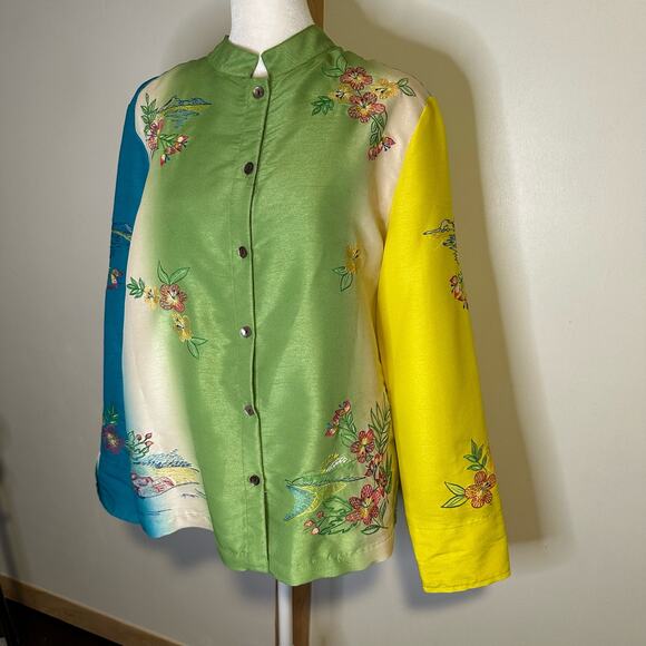 Marsh Landing green, blue, yellow & white floral embroidered button down top, M - Picture 3 of 14